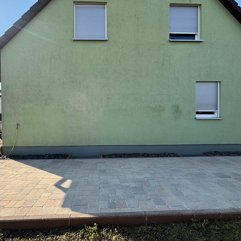 Grüne Putzfassade mit dunklen Algenflecken vor der Reinigung