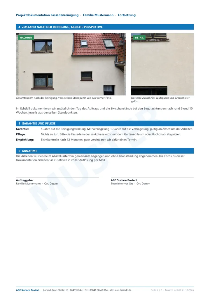 Musterdokumentation Seite 2: Zustand nach der Reinigung, Garantie und Abnahme